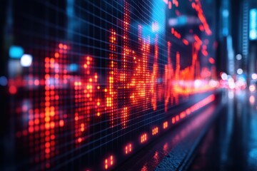 View of stock market expansion, business investment, and data analysis concept featuring digital financial charts, graphs, and indicators against a dark blue blurred background