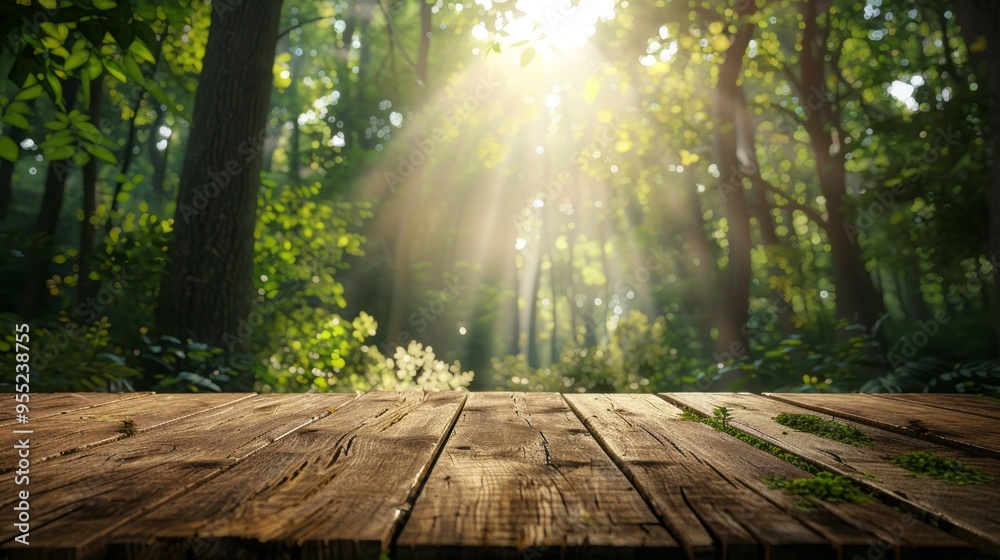 Poster a wooden table with a view of a forest