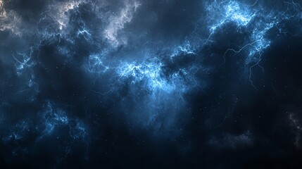 Dramatic stormy sky with dark clouds illuminated by electric blue lightning flashes. A captivating and powerful natural display.