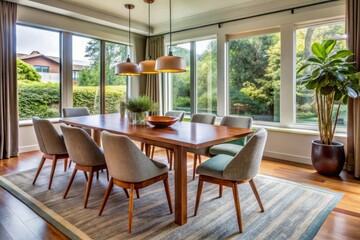Obraz premium * Elegant mid-century modern dining room features a wooden table and matching wooden chairs, bathed in warm natural