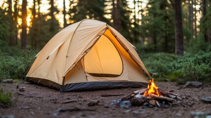 Cozy camping scene with a yellow tent and crackling campfire in a serene forest during sunset, perfect for outdoor adventure.