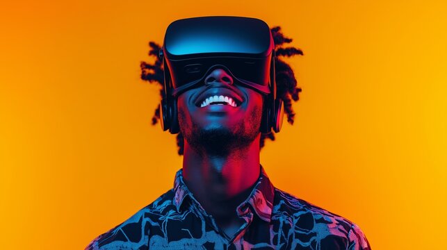 A man wearing a VR headset is smiling and looking at the camera. Concept of excitement and anticipation as the man prepares to experience a virtual reality game or simulation