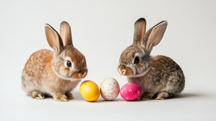 Obraz premium Bunnyes with easter eggs on white background