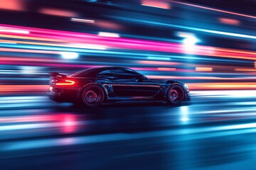 Black Sports Car Driving Fast at Night with Colorful Neon Lights