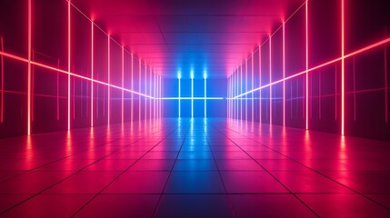 Vibrant neon lights create a stunning visual in a futuristic corridor, perfect for technology and abstract themes.