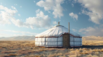 A large white tent is in the middle of a desert