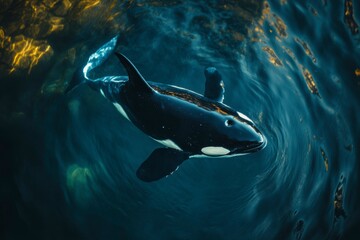Fototapeta premium Orca swimming in deep blue water with ripples and sunlight reflections