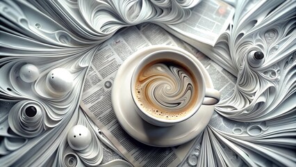Artistic coffee cup on crumpled newspaper with swirling patterns, creating a dynamic composition