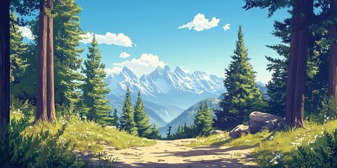 Beautiful Pine trees landscape illustration 