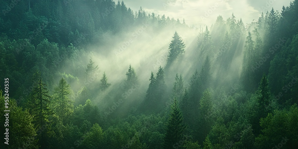 Poster sunlight beams through the mist in an enchanting view of a lush green pine forest