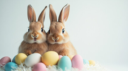 Bunnyes with easter eggs on white background 