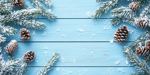 Snow-covered pine branches and pinecones on a light blue wooden background, creating a serene and festive winter scene with ample space for holiday messages.