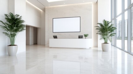 Modern reception area with minimalist design, featuring a sleek counter, plants, and large windows for natural light.
