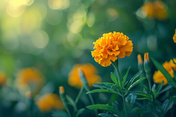 Marigold flower portrait in garden, blur mode.