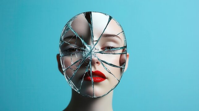 A person with a cracked mirror face, reflecting multiple others' faces, people pleaser and lack of self-assertion