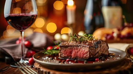 succulent steak on rustic plate red wine glass intimate restaurant setting warm candlelight rich colors and textures gourmet dining experience