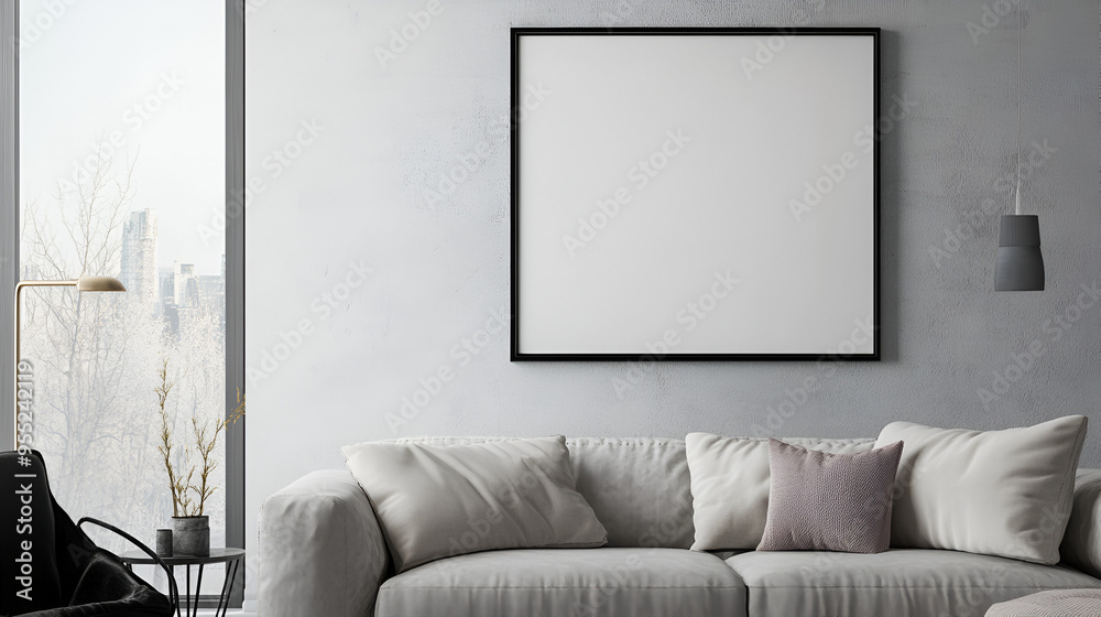 Poster modern living room with blank canvas for your artwork