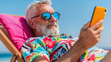 A man in a floral shirt is sitting on a beach chair and looking at his phone. He is wearing sunglasses and he is enjoying the sunny day