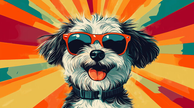 Pop art concept smile dog wear sunglasses. Colorful background in pop art retro comic style.