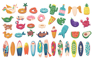 Collection Of Swimming Mattresses And Surfboards Perfect For Summer Beach Activities And Water Adventures, Vector Set