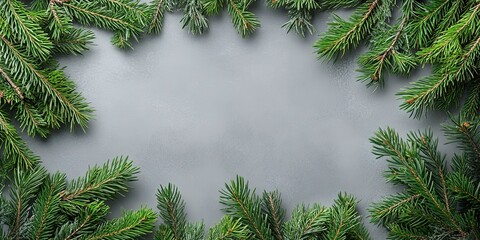 Naklejka premium Flat lay of a pine branch frame on a gray background with copy space image