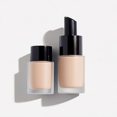 Obraz premium Liquid foundation pump mockup, frosted glass bottle, soft beige tone, sleek black cap, ultra-clear focus, warm lighting, isolated on white background, no shadows on background