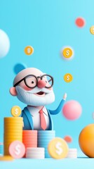 Obraz premium A cheerful cartoon character with glasses, surrounded by colorful coins and stacks, symbolizes wealth and financial growth.