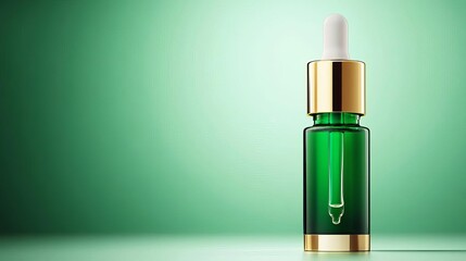 Green glass dropper bottle with gold cap on green background.