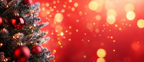 Christmas Tree With Ornament And Bokeh Lights In Red Background