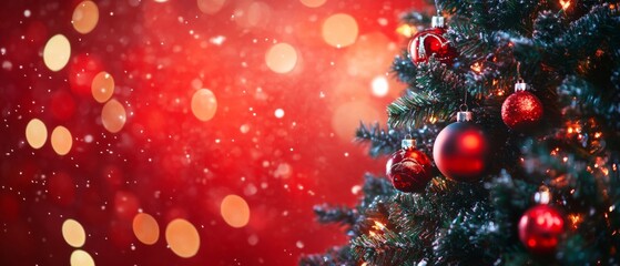 Christmas Tree With Ornament And Bokeh Lights In Red Background