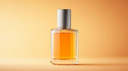 Glass bottle of perfume with silver cap on a yellow background.