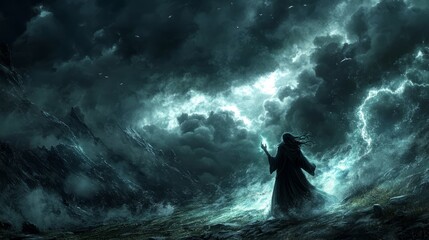 Fototapeta premium Dark Magic Unleashed: Sorcerer Conjures a Stormy Fury