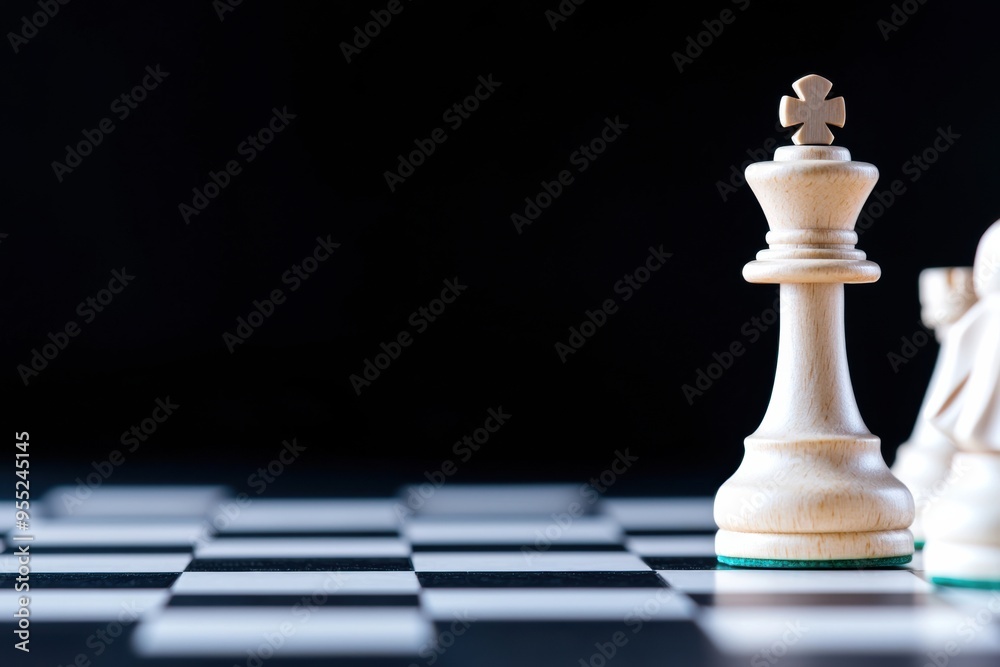 Wall mural close-up of a white king chess piece on a black background, highlighting strategy and elegance in a 