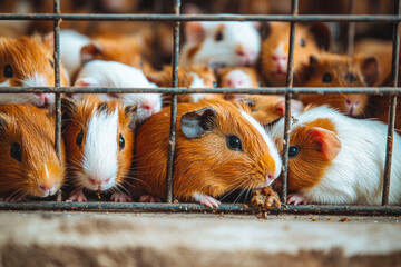 Obraz premium Brown and white guinea pig are eating in a cage. Photo in portrait mode.
