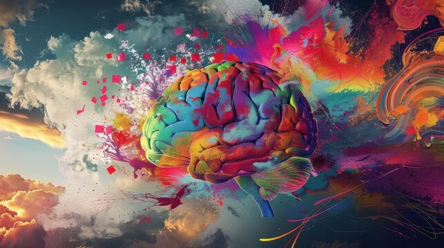 surreal digital illustration of human brain exploding with colorful thought fragments representing creativity innovation and the power of imagination