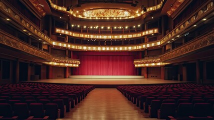 Obraz premium An empty Chinese opera house, with no performers or audience, just the grand stage and empty seats.