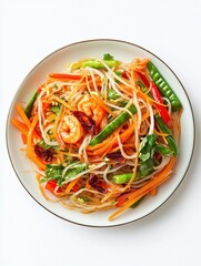 Exquisite Thai Papaya Salad with Dried Shrimp and Fresh Vegetables on White Plate - Authentic Thai Cuisine Delight