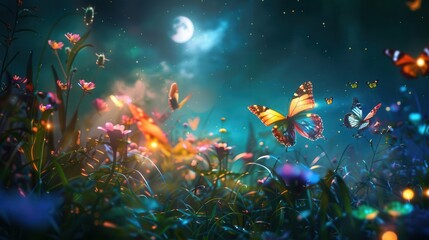 surreal moonlit garden with vibrant butterflies emerging from lush grass dreamlike atmosphere ethereal glow abstract nature scene