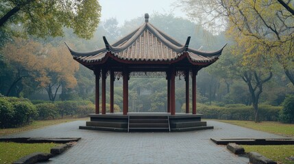 Obraz premium An empty Chinese park, with a pavilion and walking paths, but no people enjoying the space.