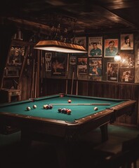 A moody photo of a pool table in a dimly lit room, surrounded by vintage posters and billiard cues, evoking a classic vibe.