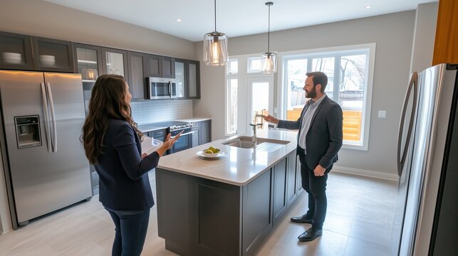 A modern kitchen tour featuring a couple discussing design details in a spacious, contemporary home during daytime