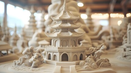 Closeup photograph of a tranquil sand pagoda structure with a central spire showcasing the natural beauty and meditative qualities of this minimalist earthy architectural form