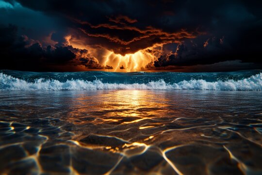 Cloud cinematic rolling clouds are captured in a realistic photo of a thunderstorm approaching over the ocean, with the waves reflecting the dark clouds above