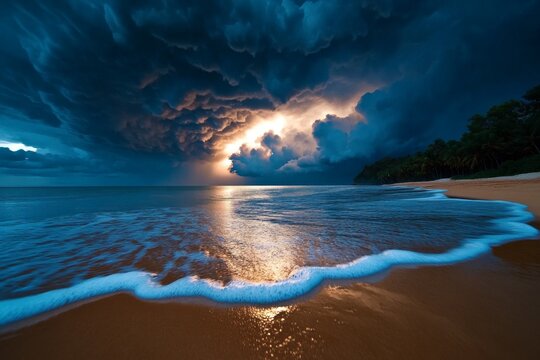 Cloud cinematic rolling clouds are showcased in a realistic photo of a thunderstorm approaching over the ocean, with the waves reflecting the dark clouds above