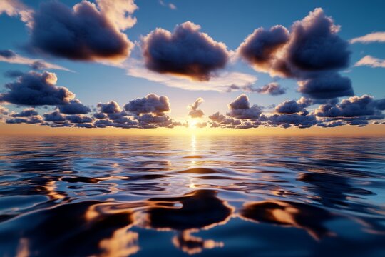 Cloud cinematic serenity is showcased in a realistic photo of soft, rolling clouds reflecting off a calm lake at dawn, with the horizon bathed in a gentle, golden light