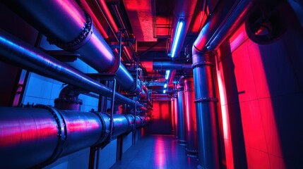 Industrial Pipes in Red and Blue Light