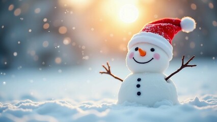 Cheerful snowman with a Santa hat enjoying a snowy day