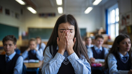 A scared student girl in a classroom with other students in class. Social anxiety disorder. social phobia. a person with fear of being watched and judged by others.	