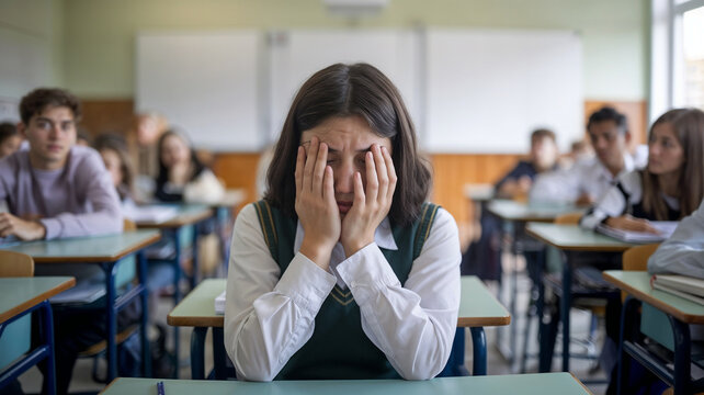 A scared student girl in a classroom with other students in class. Social anxiety disorder. social phobia. a person with fear of being watched and judged by others.	