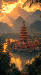 A panoramic view of a temple complex in Laos at sunset, with golden spires reflecting the warm light